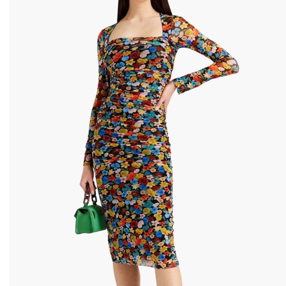 GANNI Ruched-Floral Print Mesh Midi Dress Size Small